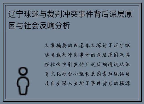 辽宁球迷与裁判冲突事件背后深层原因与社会反响分析