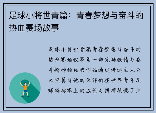 足球小将世青篇：青春梦想与奋斗的热血赛场故事